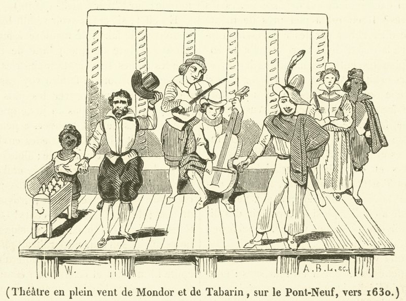 Theatre en plein vent بواسطة Mondor and Tabarin ، في Pont-Neuf ، حوالي عام 1630 (نقش) بواسطة المدرسة الفرنسية