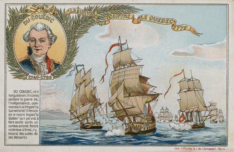 بطاقة تجارية بها صورة تصور Surveillante ضد HMS Quebec بواسطة المدرسة الفرنسية