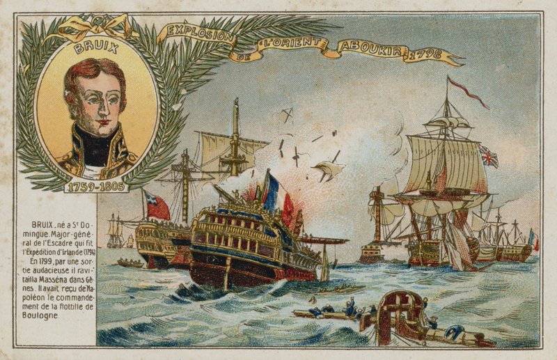 بطاقة تجارية بصورة تصور تدمير LOrient بواسطة المدرسة الفرنسية