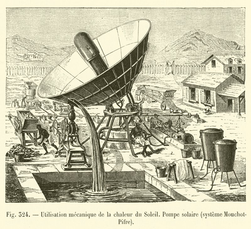 الاستخدام الميكانيكي للحرارة من الشمس ، المضخة الشمسية ، نظام Mouchot-Pifre (النقش) بواسطة المدرسة الفرنسية