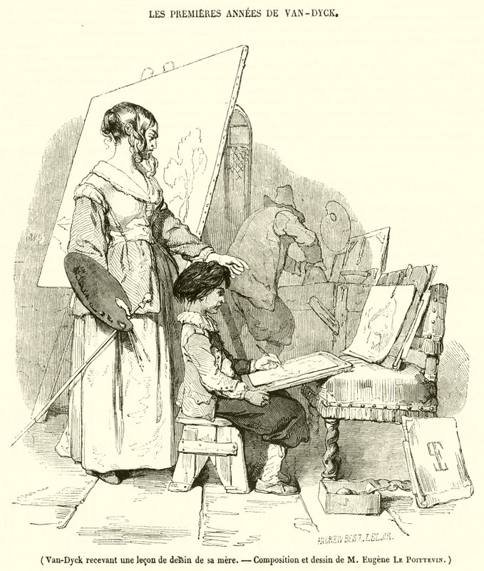 فان ديك يتلقى درس رسم من والدته (نقش) بواسطة المدرسة الفرنسية