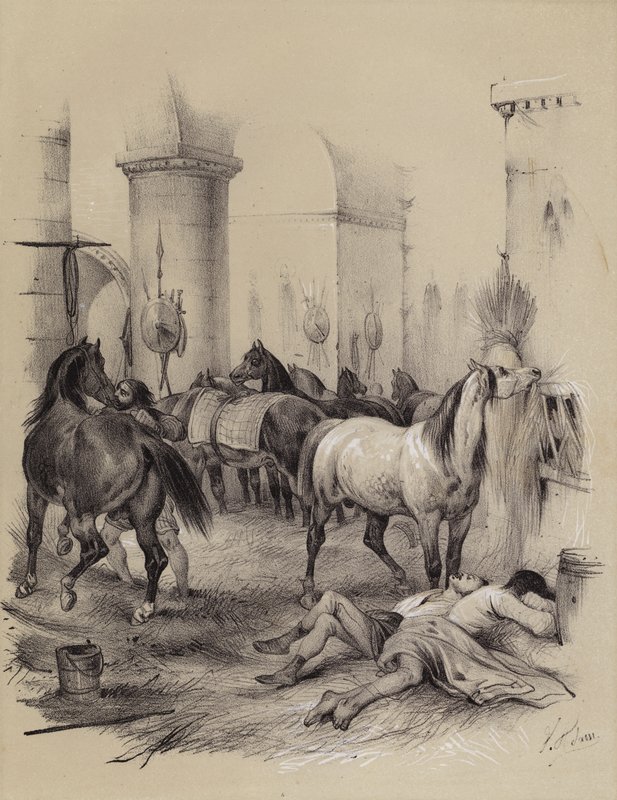 الفايكنج يستخدمون كاتدرائية شارلمان في آخن كإسطبل ، 882 (ليثو) بواسطة المدرسة الفرنسية