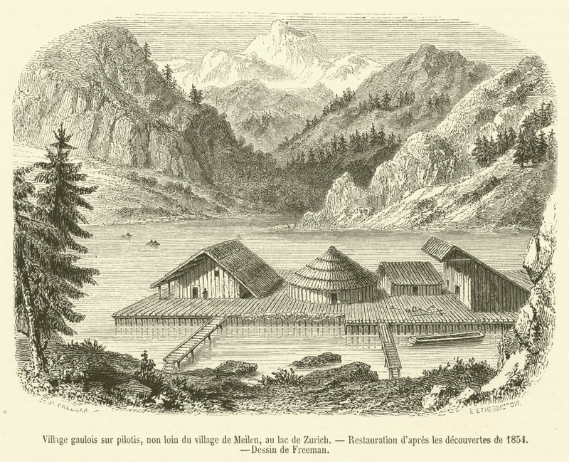Village gaulois sur pilotis, non loin du village de Meilen, au lac de Zurich (engraving) بواسطة المدرسة الفرنسية