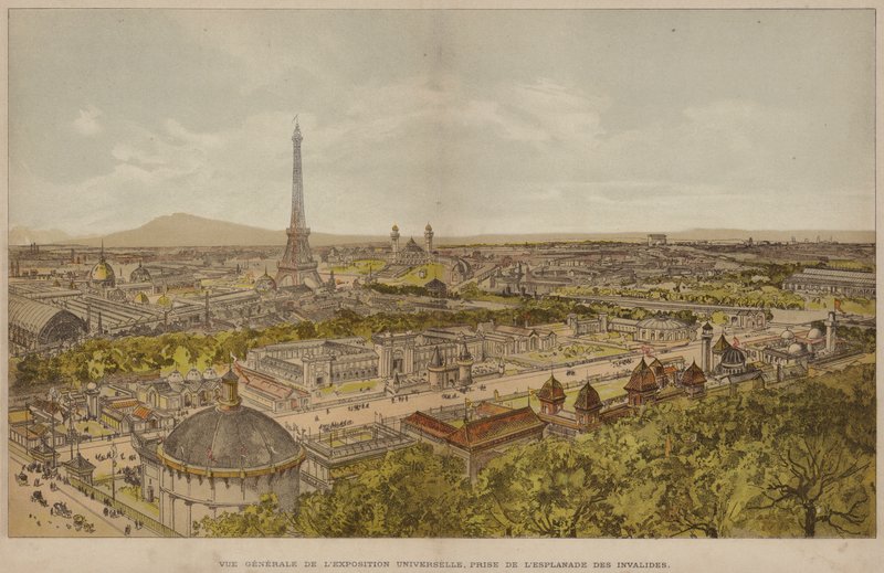 منظر عام للمعرض العالمي مأخوذ من Esplanade des Invalides (نقش ملون) بواسطة المدرسة الفرنسية