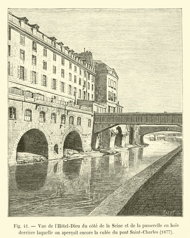 إطلالة على فندق Die-Dieu من جانب نهر السين والممر الخشبي الذي لا يزال بإمكانك من خلاله رؤية culee du pont Saint-Charles ، 1877 بواسطة المدرسة الفرنسية