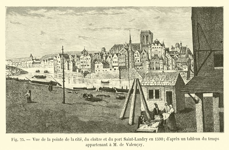 منظر لرأس المدينة ، الدير وميناء سان لاندري عام 1590 ؛ وفقًا لجدول زمني يخص M de Valencay بواسطة المدرسة الفرنسية
