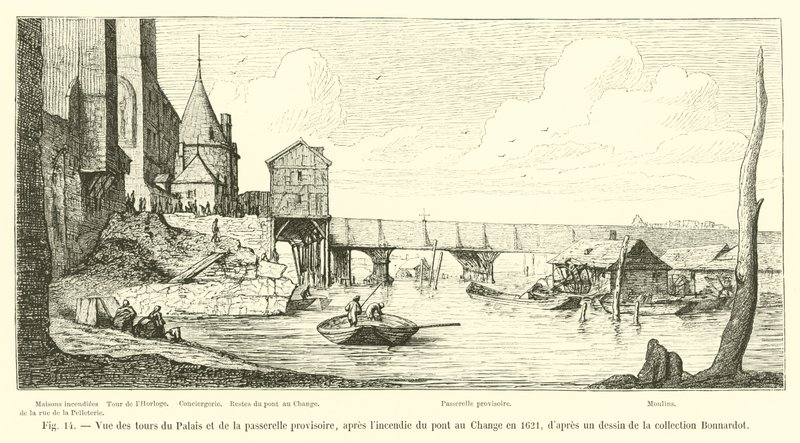 منظر لأبراج القصر والجسر المؤقت ، بعد الحريق في Pont au Change في عام 1621 ، بعد رسم من مجموعة بوناردوت بواسطة المدرسة الفرنسية