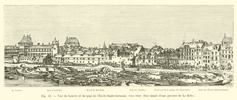 منظر لمتحف اللوفر و quai de l&39;Ecole-Saint-Germain ، حوالي عام 1640 ، فاكس للنقش بواسطة La Belle بواسطة المدرسة الفرنسية