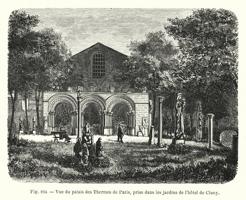 منظر لقصر Palais des Thermes de Paris ، تم التقاطه في حدائق فندق de Cluny (نقش) بواسطة المدرسة الفرنسية