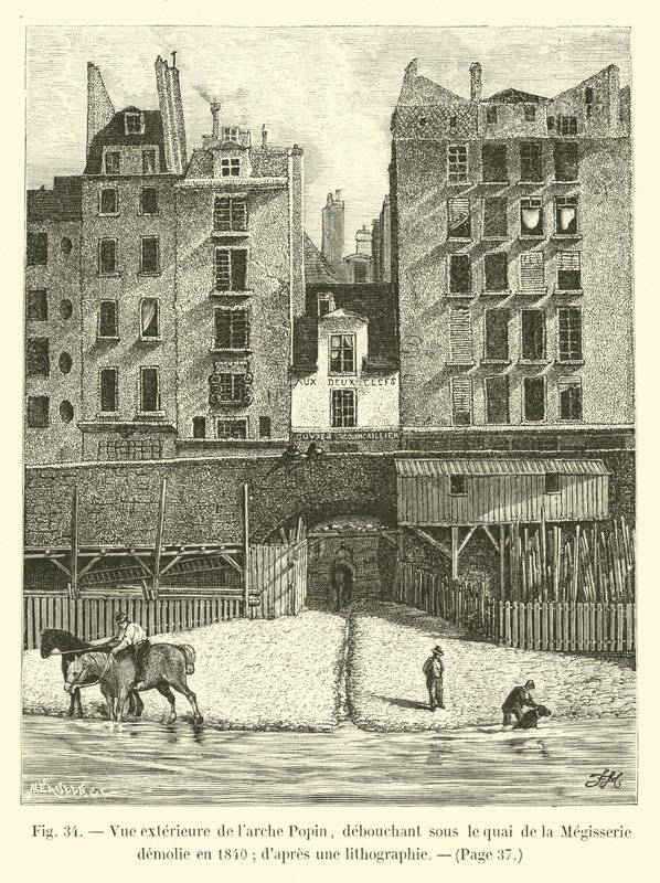 المنظر الخارجي لسفينة Popin ، الناشئة تحت رصيف Megisserie الذي هُدم عام 1840 ؛ من الطباعة الحجرية بواسطة المدرسة الفرنسية