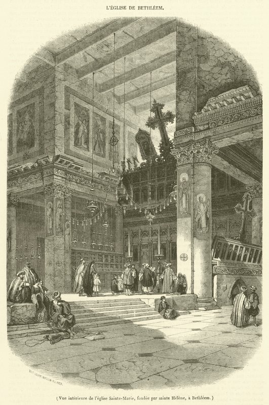 منظر داخلي لكنيسة القديسة مريم التي أسستها القديسة هيلانة في بيت لحم (نقش) بواسطة المدرسة الفرنسية