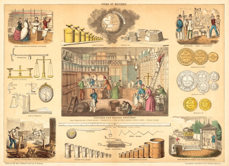 Weights and measures (coloured engraving) بواسطة المدرسة الفرنسية