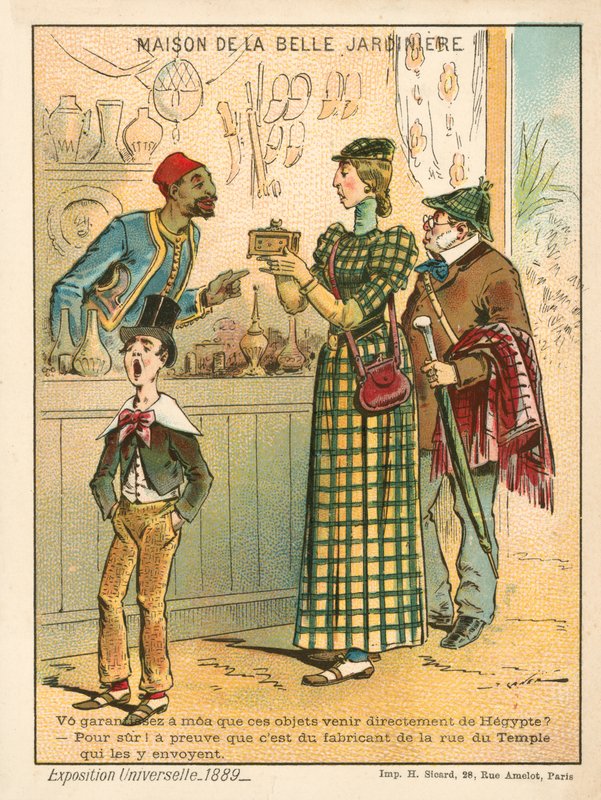 Woman examining Egyptian items, Exposition Universelle 1889, Paris (chromolitho) بواسطة المدرسة الفرنسية
