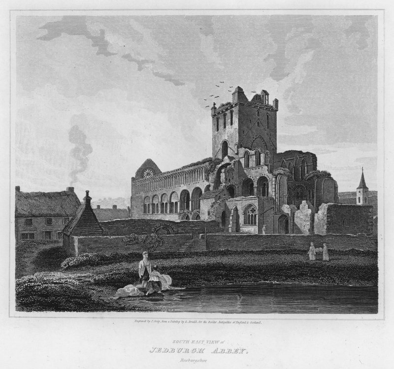 المنظر الجنوبي الشرقي من Jedburgh Abbey ، روكسبورغشاير (نقش) بواسطة جورج (بعد) أرنالد
