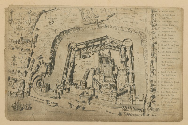 منظر لبرج لندن عام 1553 بواسطة جورج كروكشانك