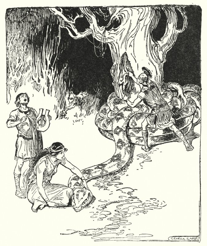جايسون و Argonauts: "ثم قفز جيسون بحذر ، ومزق الصوف من على جذع الشجرة" (litho) بواسطة جورج صوبر