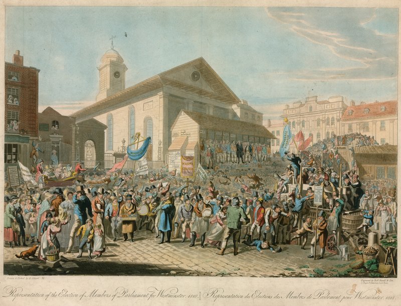 تمثيل انتخاب أعضاء البرلمان عن وستمنستر ، 1818 بواسطة جورج الأكبر شارب