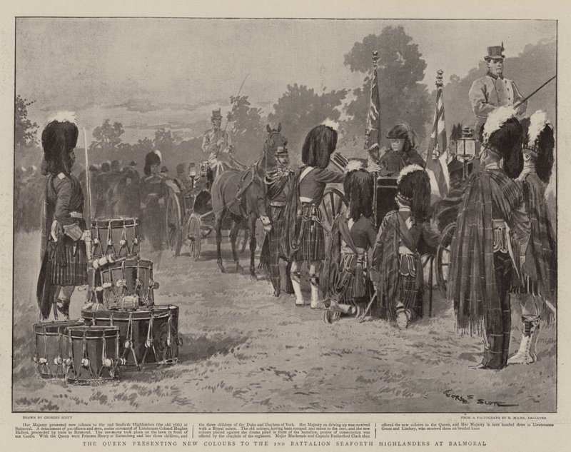 الملكة تقدم ألوانًا جديدة للكتيبة الثانية Seaforth Highlanders في بالمورال بواسطة جورج بيرتين سكوت