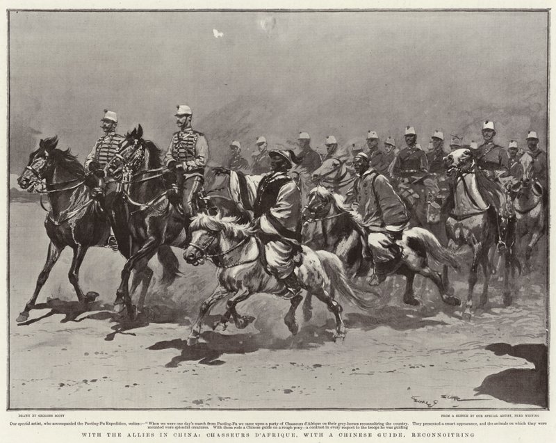 مع الحلفاء في الصين ، Chasseurs d&39;Afrique ، مع دليل صيني ، استجواب بواسطة جورج بيرتين سكوت