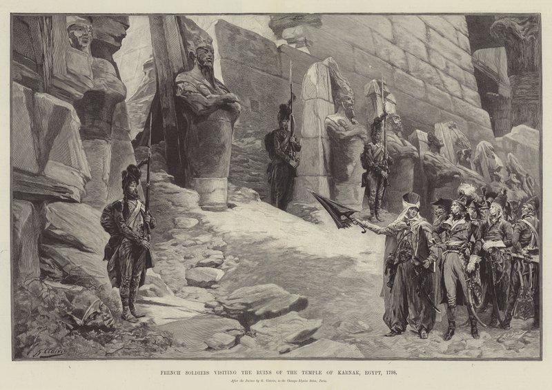 جنود فرنسيون يزورون أنقاض معبد الكرنك ، مصر ، 1798 بواسطة جورج كليرين