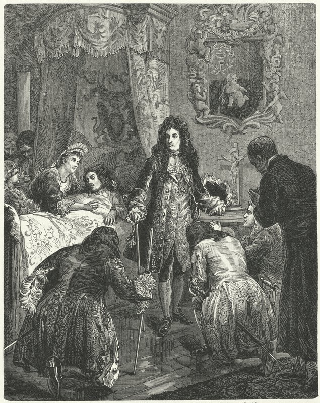 لويس الرابع عشر من فرنسا يزور جيمس الثاني ملك إنجلترا على فراش الموت ، 1701 بواسطة المدرسة الألمانية