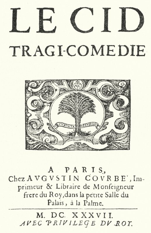 صفحة العنوان من الطبعة الأولى من Le Cid للكاتب المسرحي الفرنسي بيير كورنيل ، نشرت في 1637 بواسطة المدرسة الألمانية