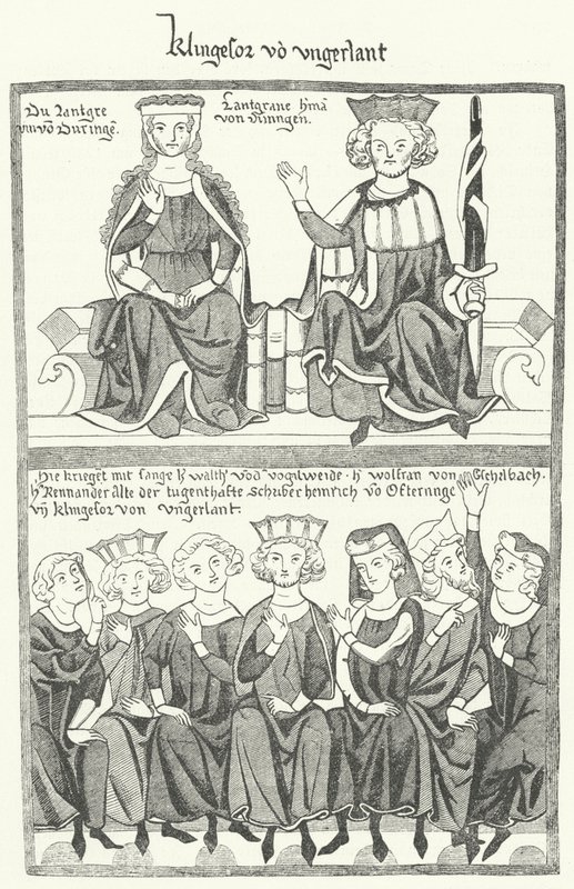 تصوير Sangerkrieg ، مسابقة بين المنشدين في قلعة Wartburg في تورينجيا في عام 1207 ، من Codex Manesse (نقش) بواسطة المدرسة الألمانية