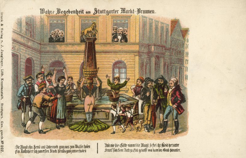 A true story at the Stuttgart Market Fountain (colour litho) بواسطة المدرسة الألمانية