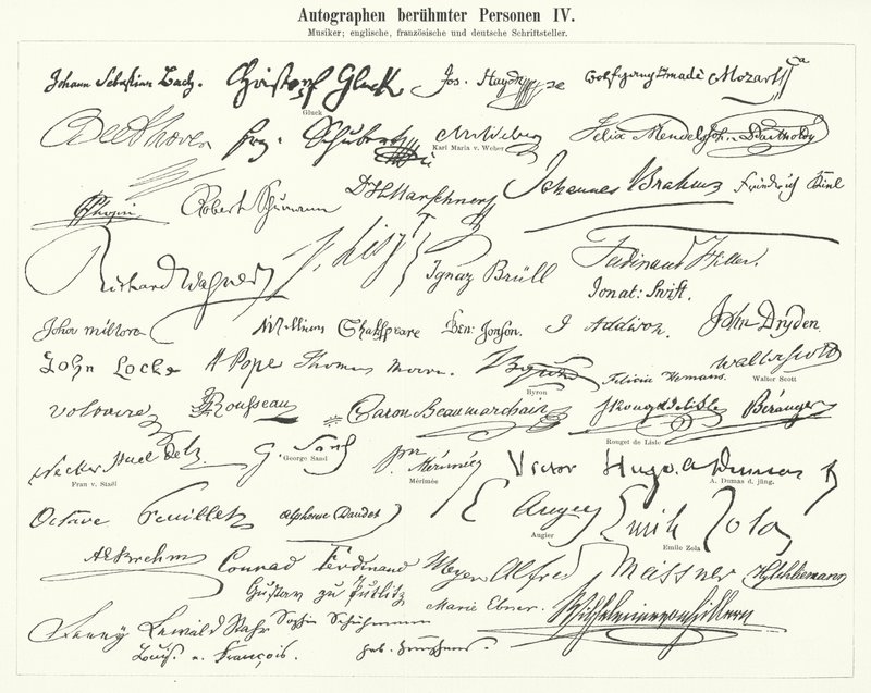 Autographs of famous people: composers, musicians and English, French and German writers (engraving) بواسطة المدرسة الألمانية