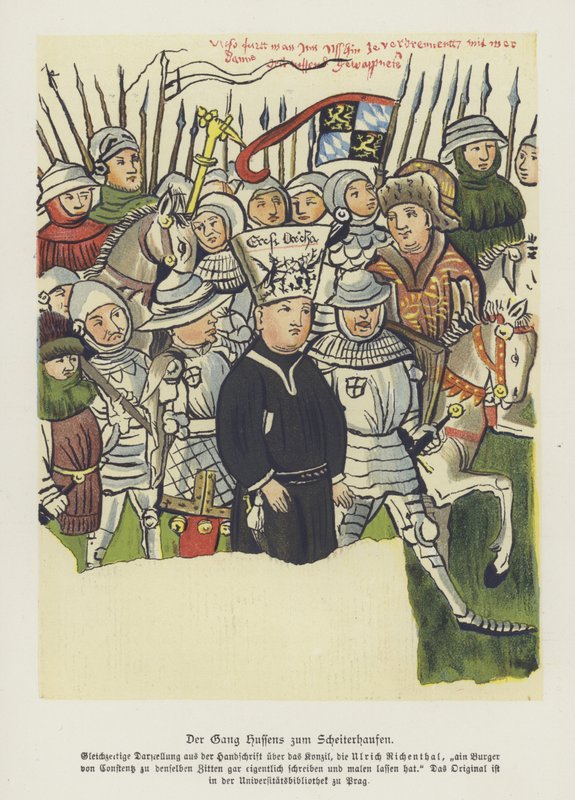 Bohemian Christian reformer Jan Hus being taken to his execution, Constance, 6 July 1415 (colour litho) بواسطة المدرسة الألمانية