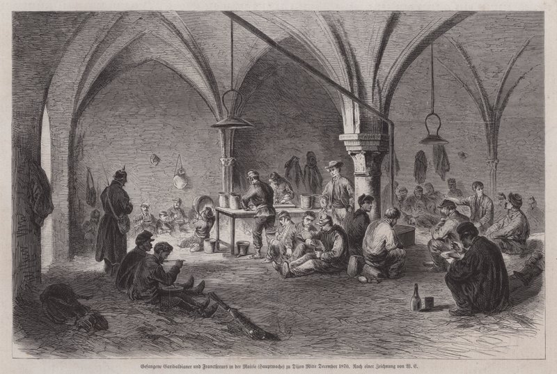 Captured Garibaldians and French franc-tireurs in the town hall of Dijon, France, Franco-Prussian war, mid-December 1870 (engraving) بواسطة المدرسة الألمانية