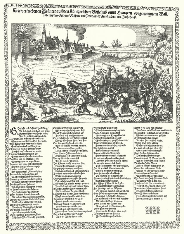 رسم كاريكاتوري يصور اليسوعيين الذين طردوا من بوهيميا والمجر عام 1620 في بداية حرب الثلاثين عامًا (نقش) بواسطة المدرسة الألمانية