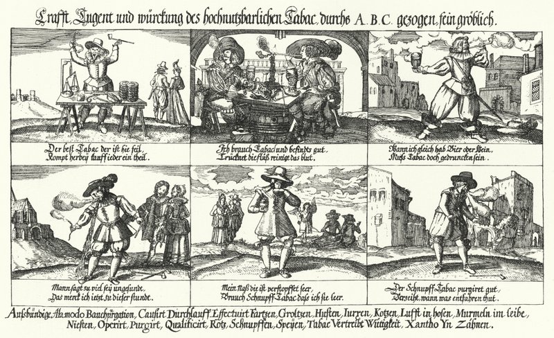 رسم كاريكتوري، عن، تبغ، أيضا، تدخين الغليون (engraving) بواسطة المدرسة الألمانية