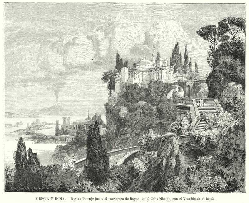 الخط الساحلي لخليج نابولي من بلدة Baiae الرومانية القديمة ، Cape Miseno ، مع Vesuvius في المسافة (litho) بواسطة المدرسة الألمانية