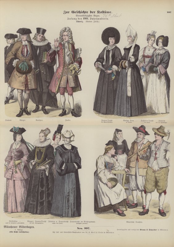 Costumes of the Swiss canton of Zurich, early 18th Century (coloured engraving) بواسطة المدرسة الألمانية