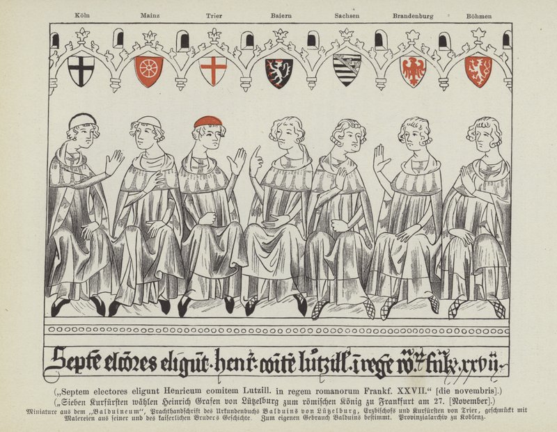Election of Henry VII of Luxembourg as Holy Roman Emperor, Frankfurt, 27 November 1308 (colour litho) بواسطة المدرسة الألمانية