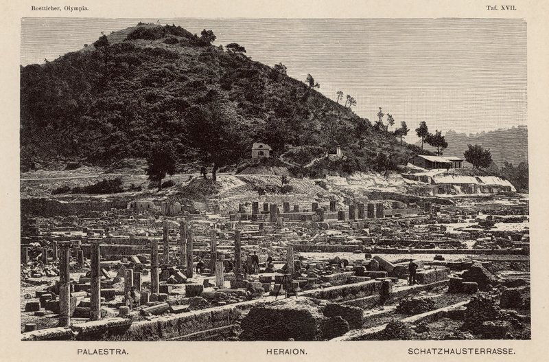 أعمال التنقيب في موقع أولمبيا القديم ، اليونان: Palaestra ومعبد Hera والخزانات (نقش) بواسطة المدرسة الألمانية