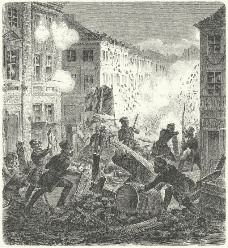 القتال عند حاجز أمام Colln Town Hall ، برلين ، ثورة 1848 (نقش) بواسطة المدرسة الألمانية