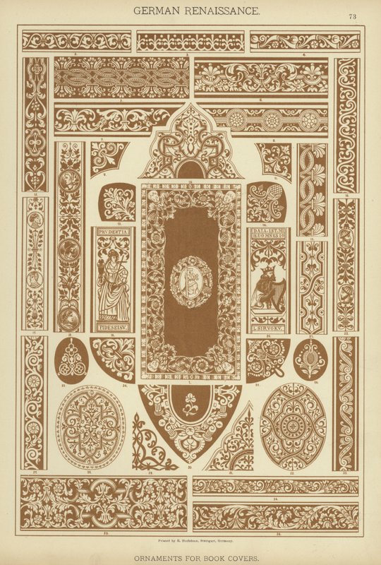 عصر النهضة الألمانية ، زخارف لأغلفة الكتب (لون ليثو) بواسطة المدرسة الألمانية