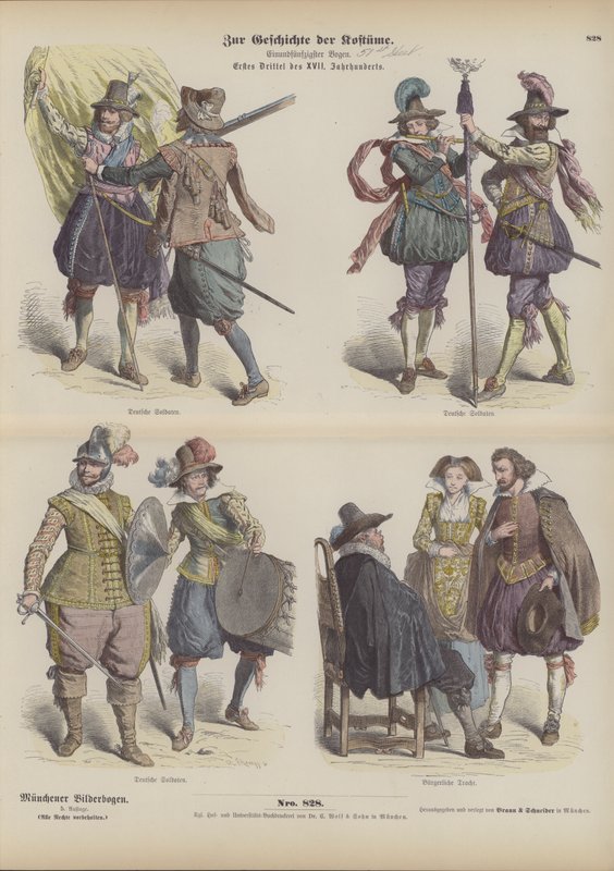 German military and bourgeois costumes, early 17th Century (coloured engraving) بواسطة المدرسة الألمانية