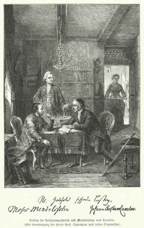 فيلسوف وكاتب مسرحي ألماني يناقش الدين مع موسى مندلسون ويوهان كاسبار لافاتير (نقش) بواسطة المدرسة الألمانية