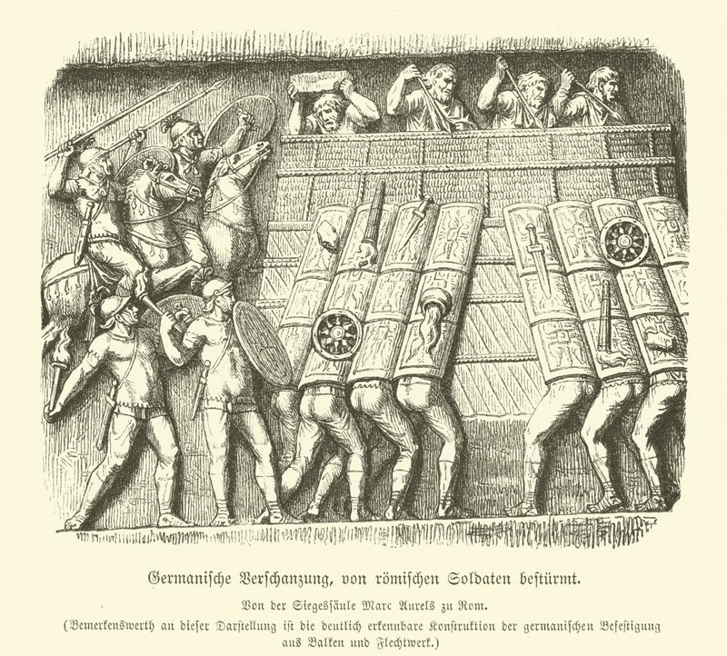 Germanic fortification under attack by Roman soldiers (engraving) بواسطة المدرسة الألمانية