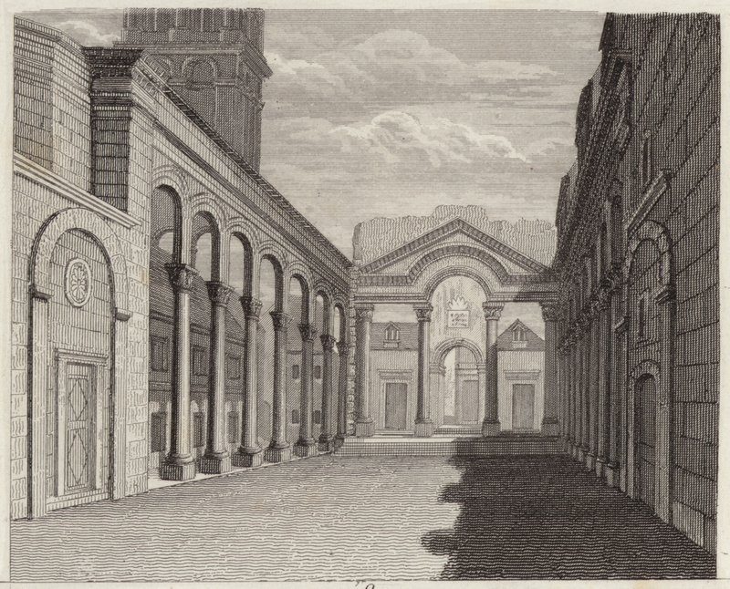 قاعة قصر الإمبراطور الروماني دقلديانوس ، سبالاتو (سبليت ، كرواتيا). رسم توضيحي لبلدر أطلس (نقش) بواسطة المدرسة الألمانية