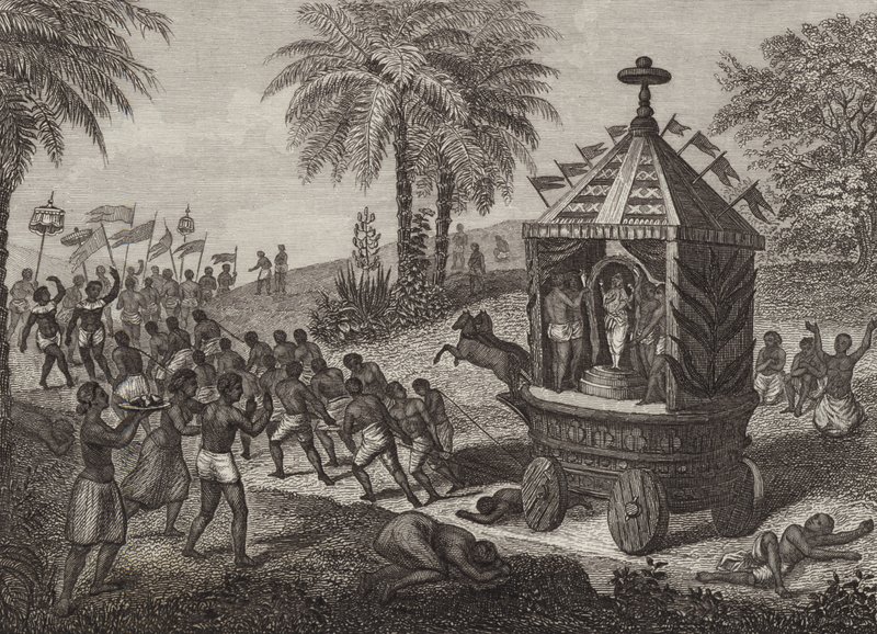 مصلون هندوس يجرون سيارة الطاغوت في الهند القديمة. رسم توضيحي لبلدر أطلس (نقش) بواسطة المدرسة الألمانية