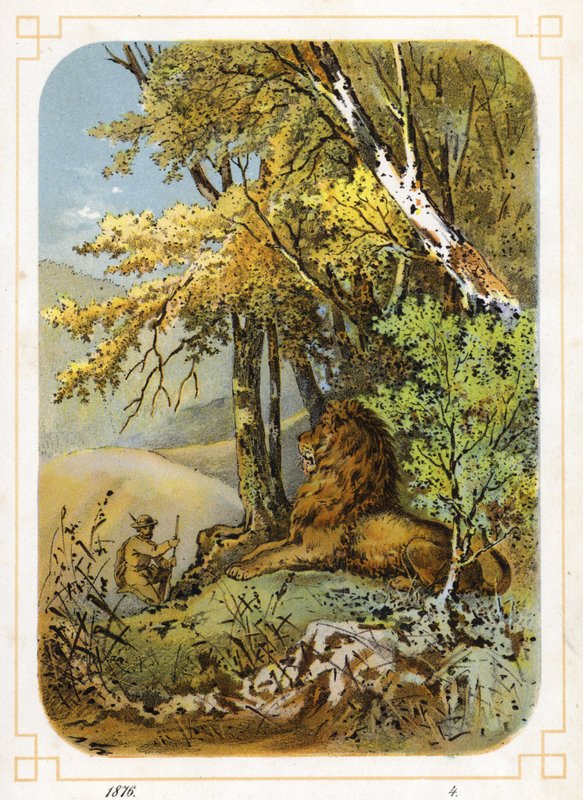 Hunter approaching lion (colour litho) بواسطة المدرسة الألمانية
