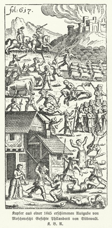 رسم توضيحي من طبعة 1645 من عمل الكاتب الألماني يوهان مايكل موشيروش الساخر Wunderliche und Wahrhrachtige Gesichte Philanders von Sittewald (رؤى رائعة وحقيقية لفيلاندر فون سيتوالد) (ليثو) بواسطة المدرسة الألمانية