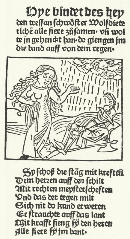 رسم توضيحي من قصة البطل الرومانسي ولفديتريش ، الذي نشره هانز شونسبيرجر في أوغسبورغ عام 1491 (نقش) بواسطة المدرسة الألمانية