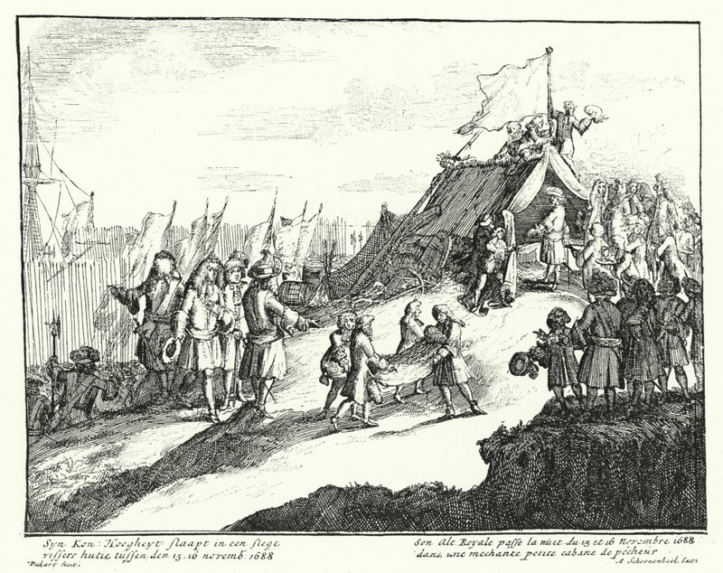 يقضي جيمس الثاني ملك إنجلترا ليلة 15/16 نوفمبر 1688 في كوخ صياد فقير (نقش) بواسطة المدرسة الألمانية