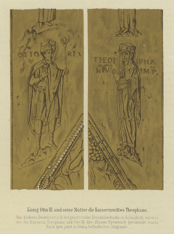 King Otto III and his mother Theophania, Empress Consort of Otto II, Holy Roman Emperor (colour litho) بواسطة المدرسة الألمانية