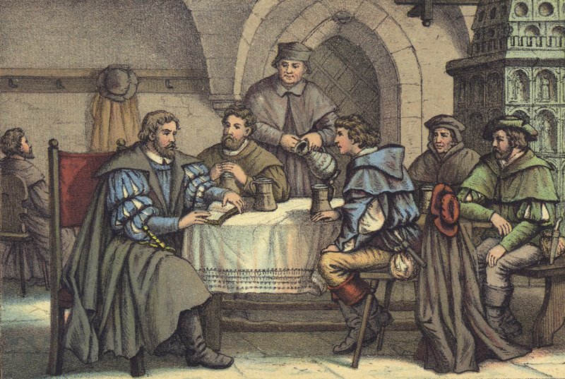 مارتن لوثر في محادثة مع الطلاب في Gasthof der Baren ، Jena (chromolitho) بواسطة المدرسة الألمانية